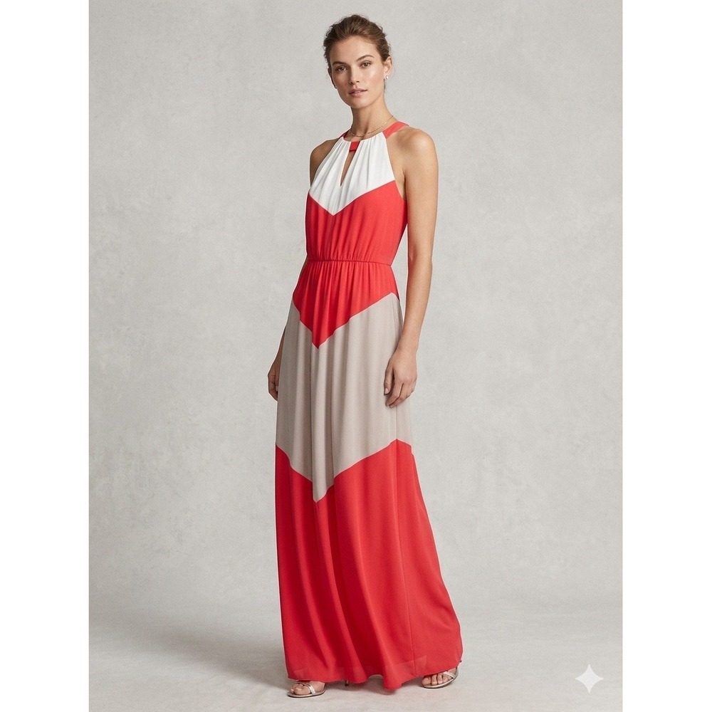 Vince Camuto Womens Colorblock Halter Maxi Dress Sleeveless Red/Beige/White 2